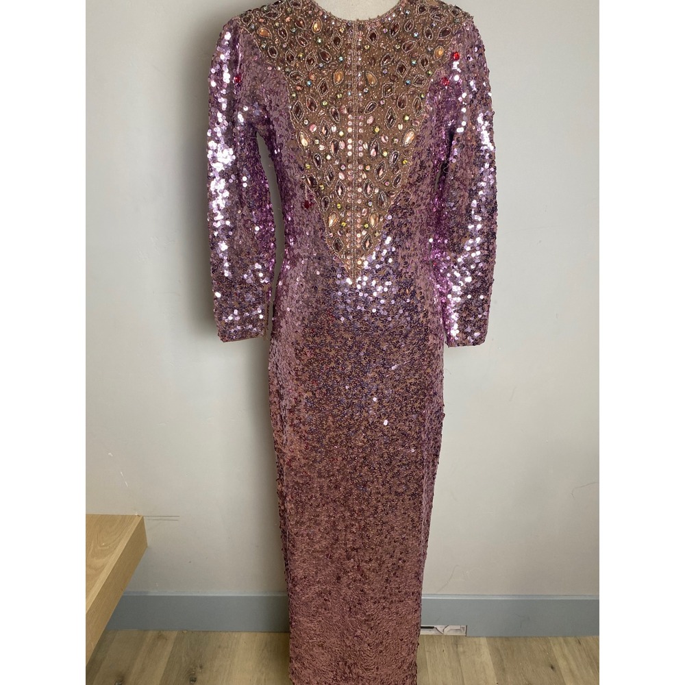 Vintage 60s Lucys Hollywood Sequin Maxi Dress Pink Rhinestone Beaded Gown Party